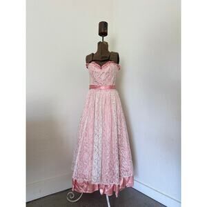 Gunne Sax Women's Small Dress Pink Lace Satin Vintage 70s 80s Sweetheart